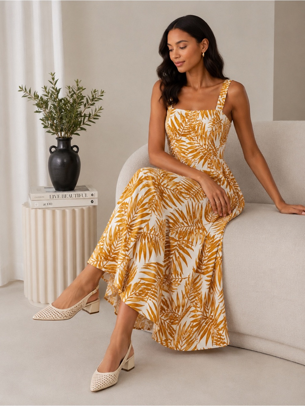 Vince Camuto White and Mustard Leaf Print Maxi Dress New Without Tag M